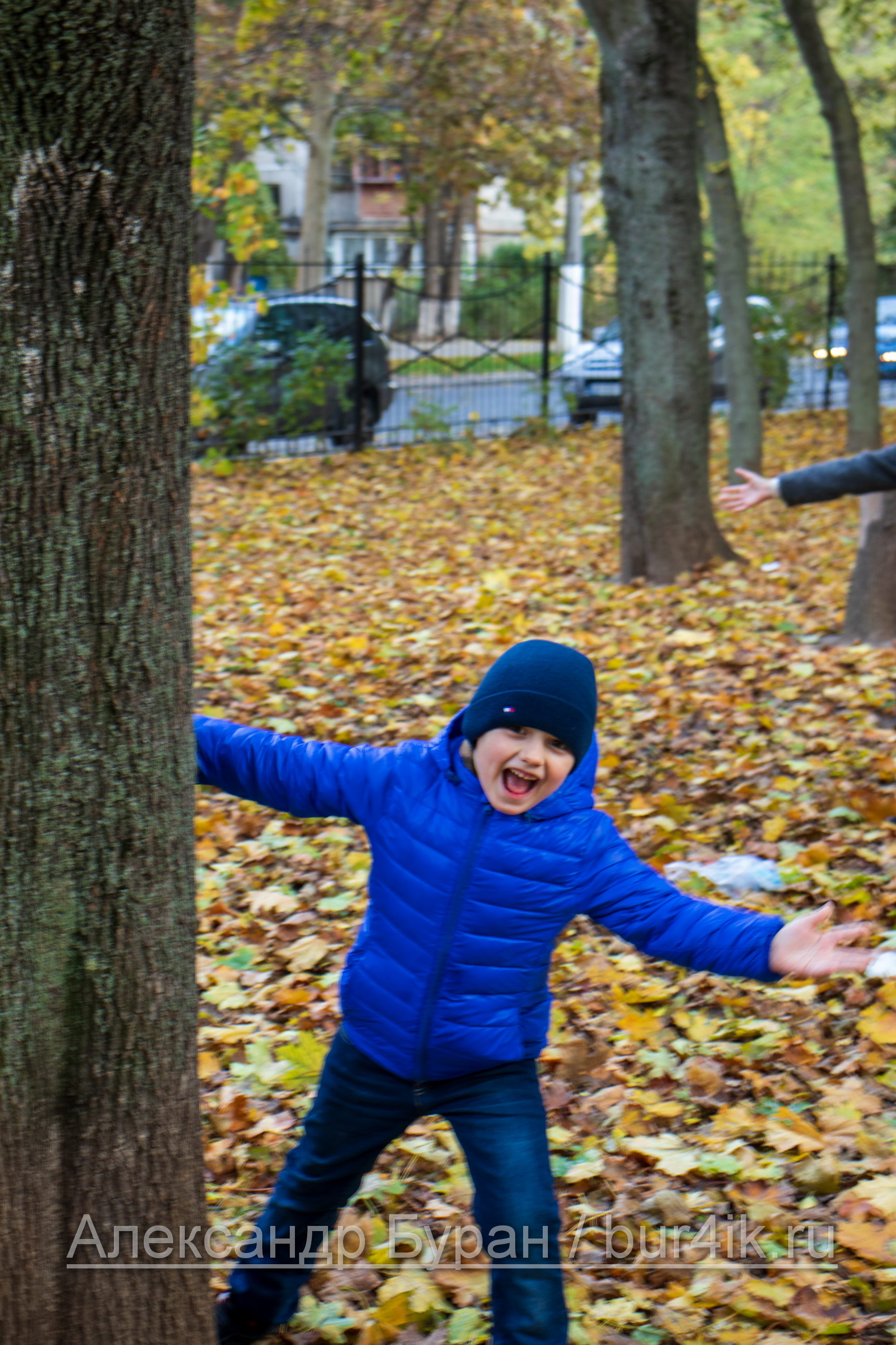 Мальчик радостно выпрыгивает из-за дерева в осеннем парке