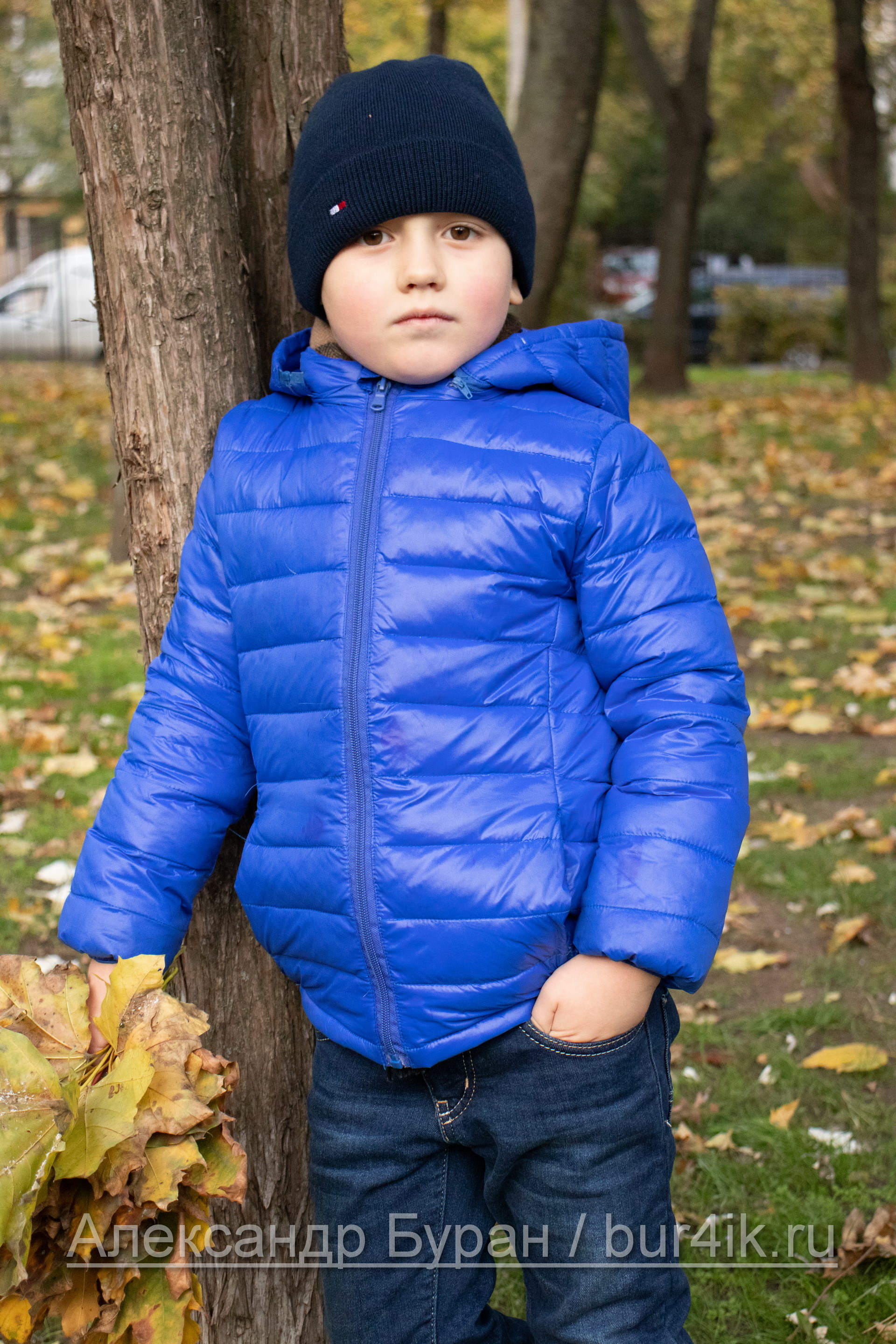 Мальчик в синем поле стоит возле дерева в осеннем парке