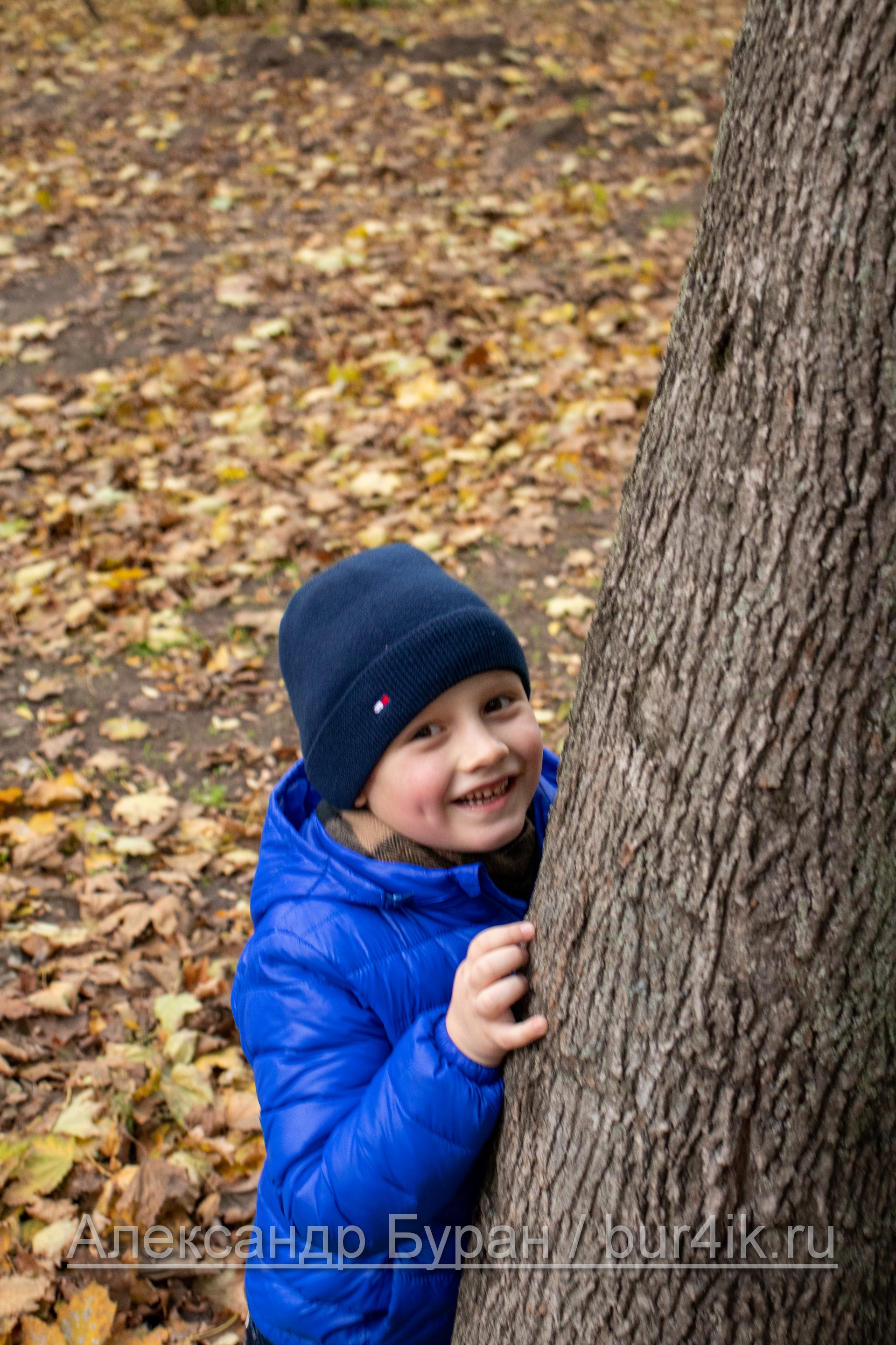 Мальчик прячется за деревом в осеннем парке