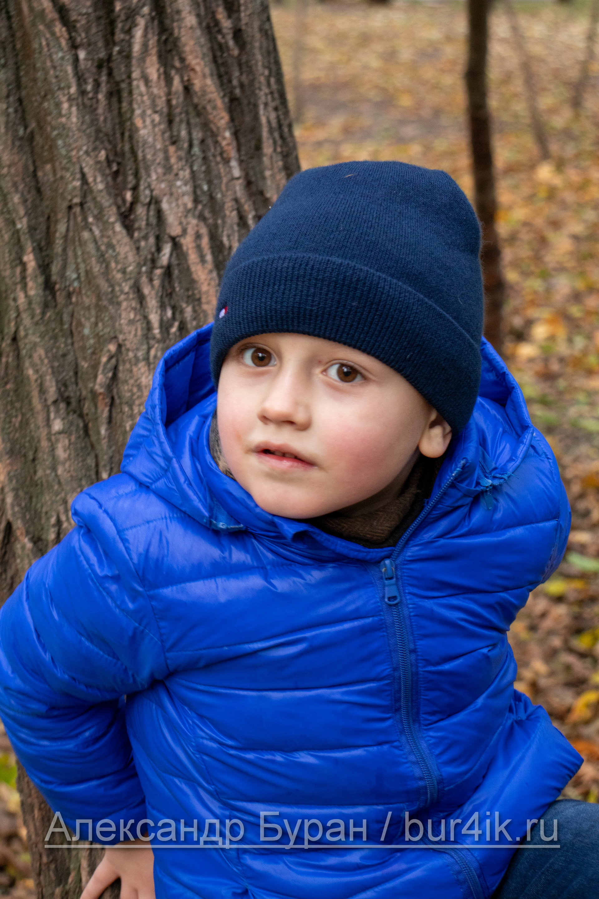 Портрет мальчика в синей шляпе и куртке в парке осенью