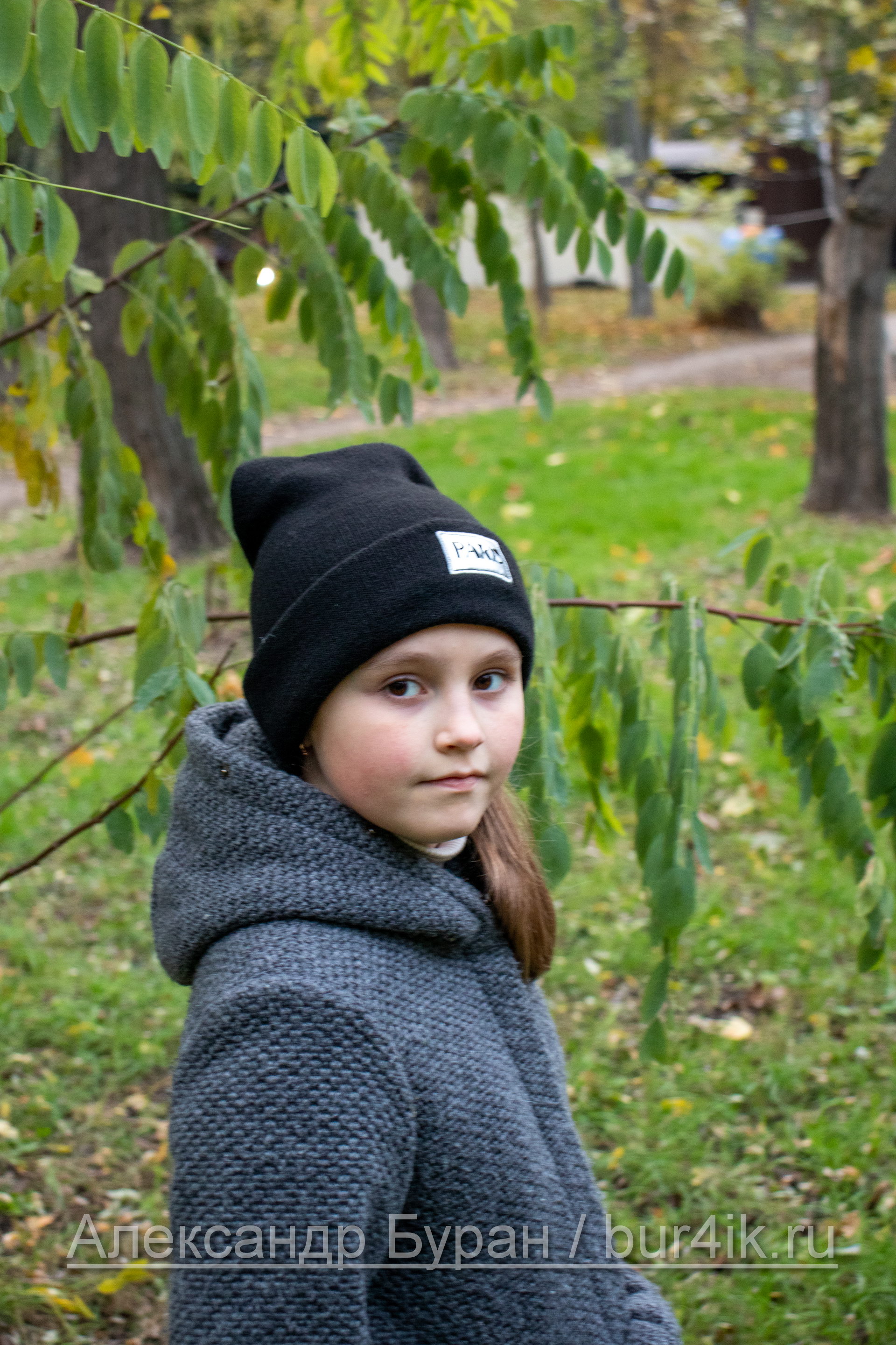 Девушка позирует в осеннем парке на фоне последней зеленой листвы
