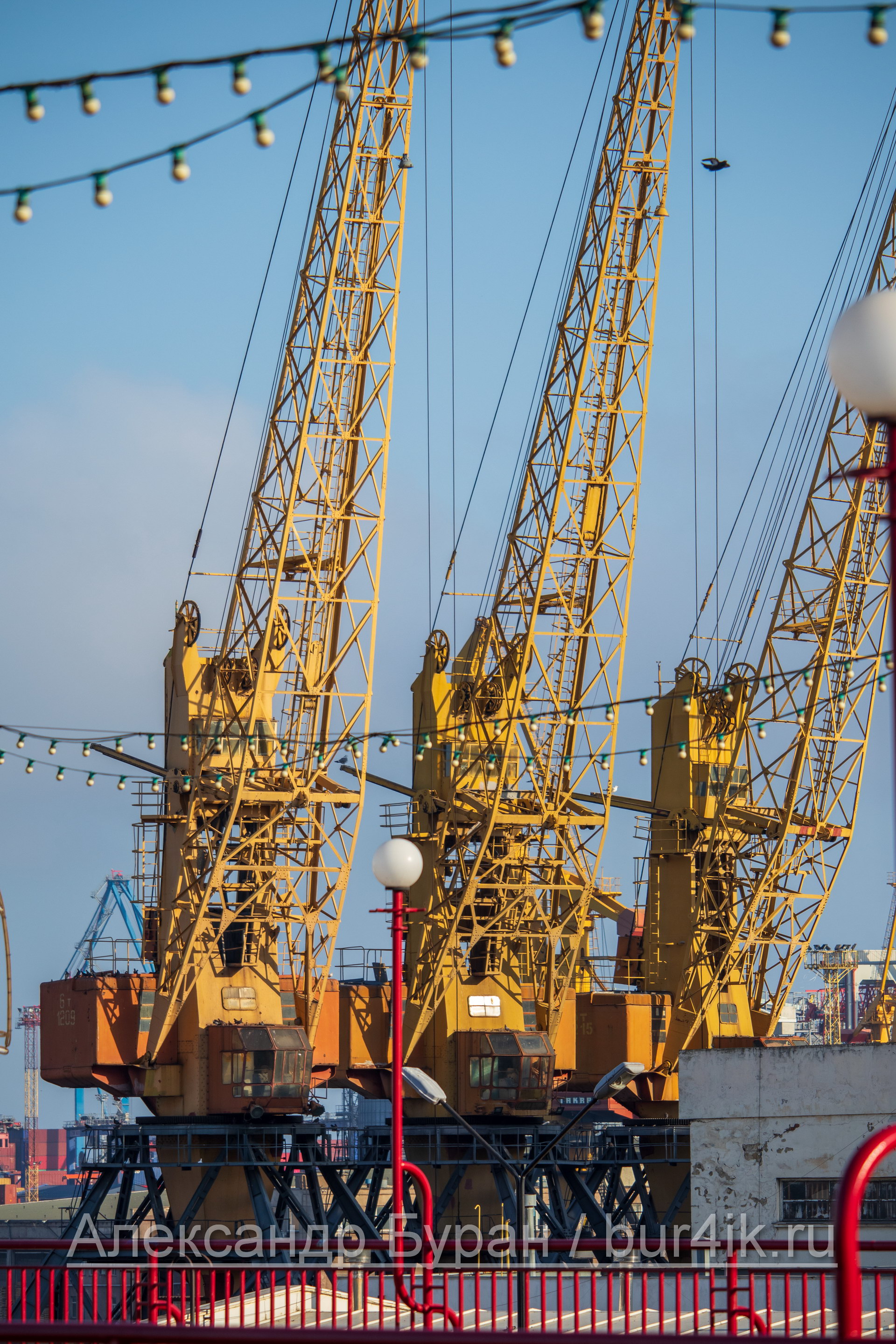 Желтые краны для погрузки товара на судно в порту - Украина, Одесса, 09,11,2019
