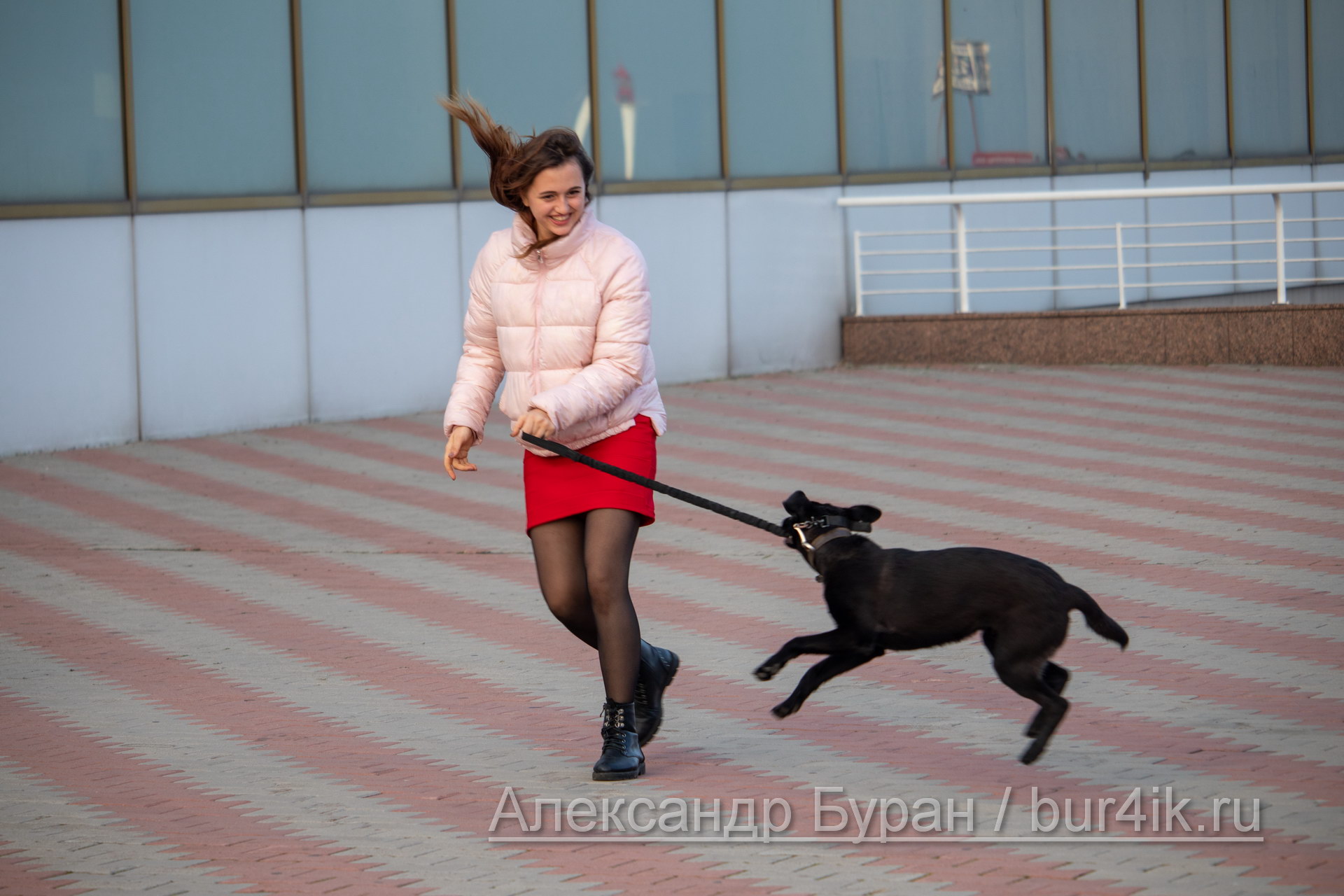 Девушка с черной собакой гуляет на территории морского порта - Украина, Одесса, 09,11,2019