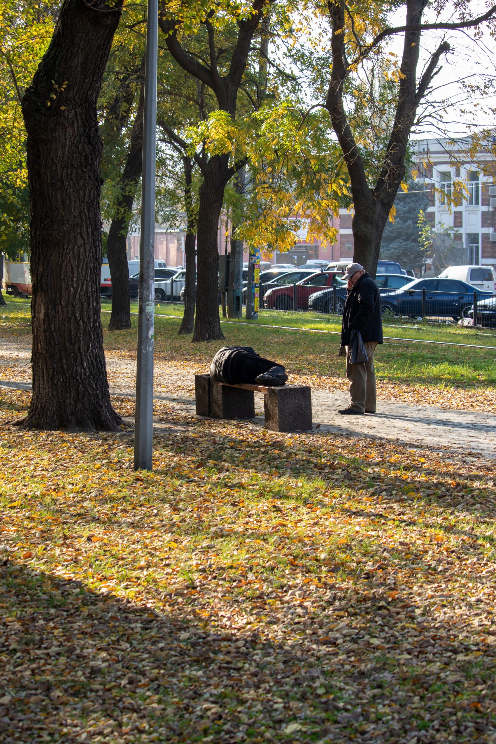 Бездомный пьяный мужчина спит на скамейке прямо на улице среди прохожих осенью – bur4ik.ru фото 1