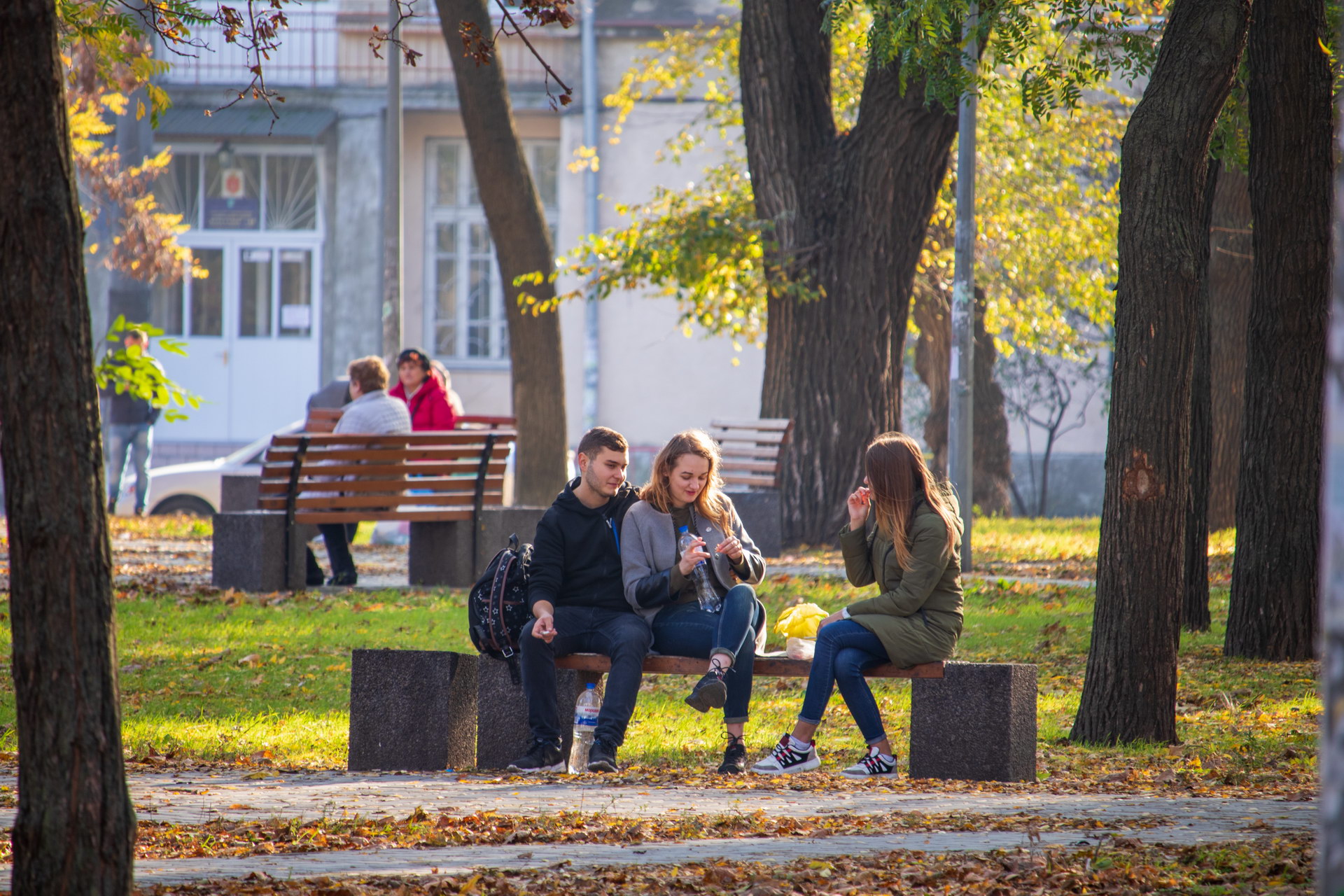 Две девушки и парень сидят на скамейке в парке осенью – bur4ik.ru фото 2