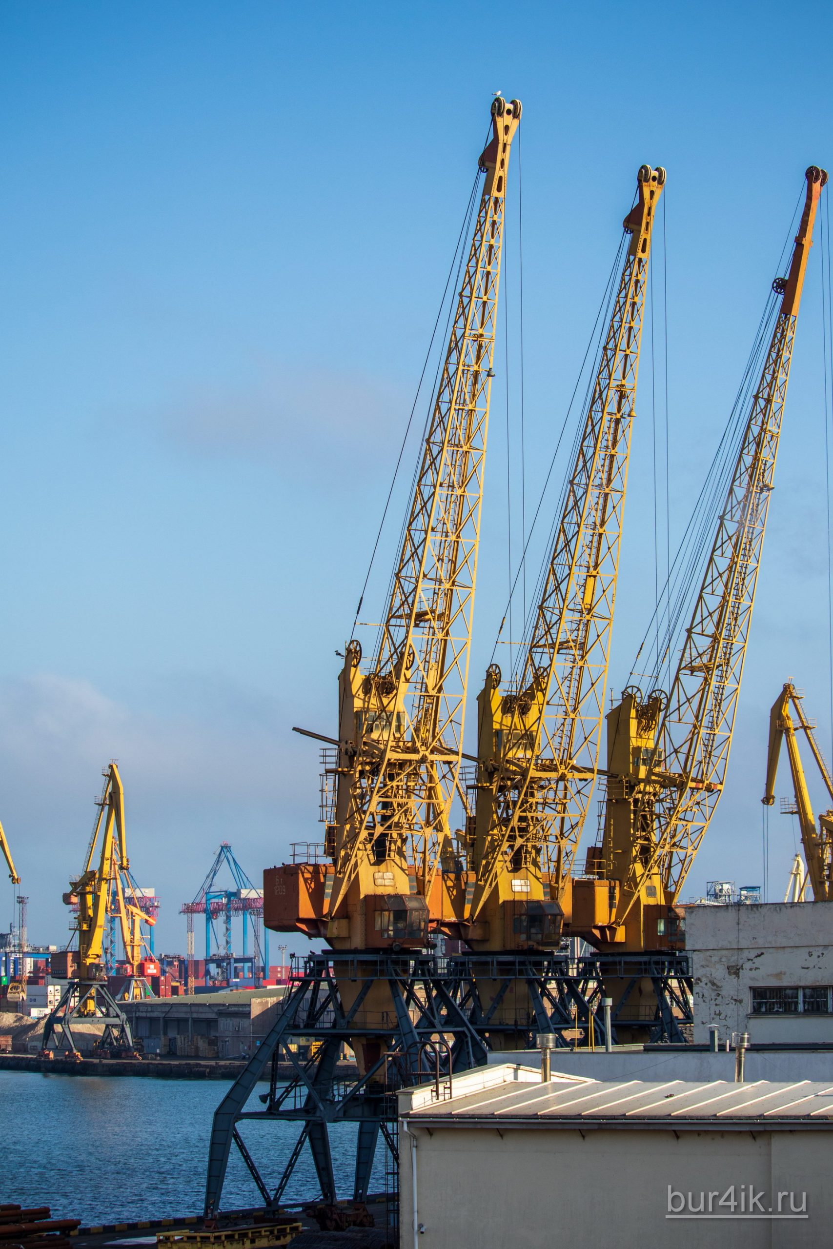 Покрашенные желтой краской краны в порту у моря в городе Одесса 10