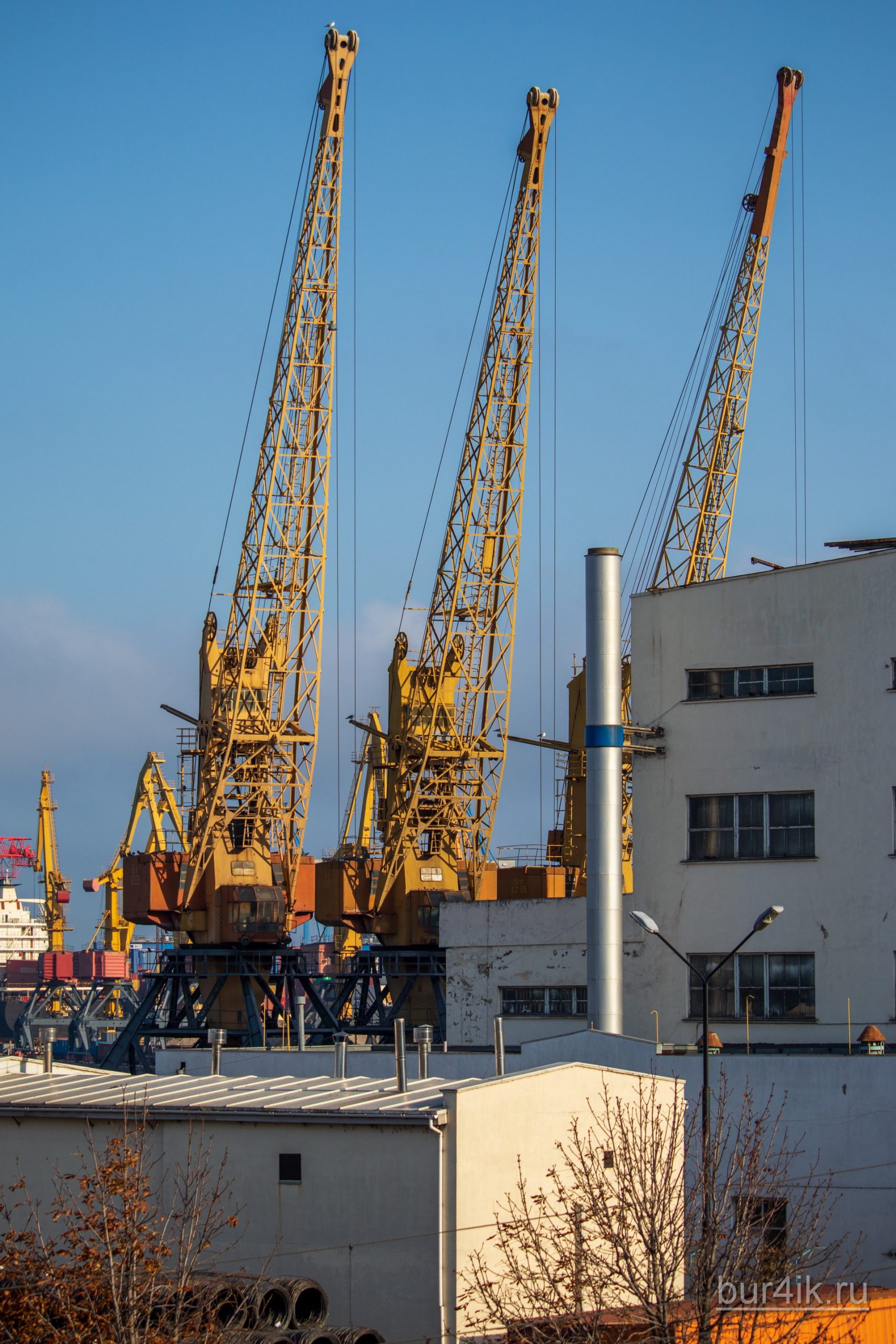 Покрашенные желтой краской краны в порту у моря в городе Одесса 2