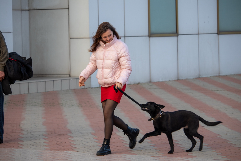 Girl in a red skirt with a black dog - Ukraine, Odessa, 11,06,2020