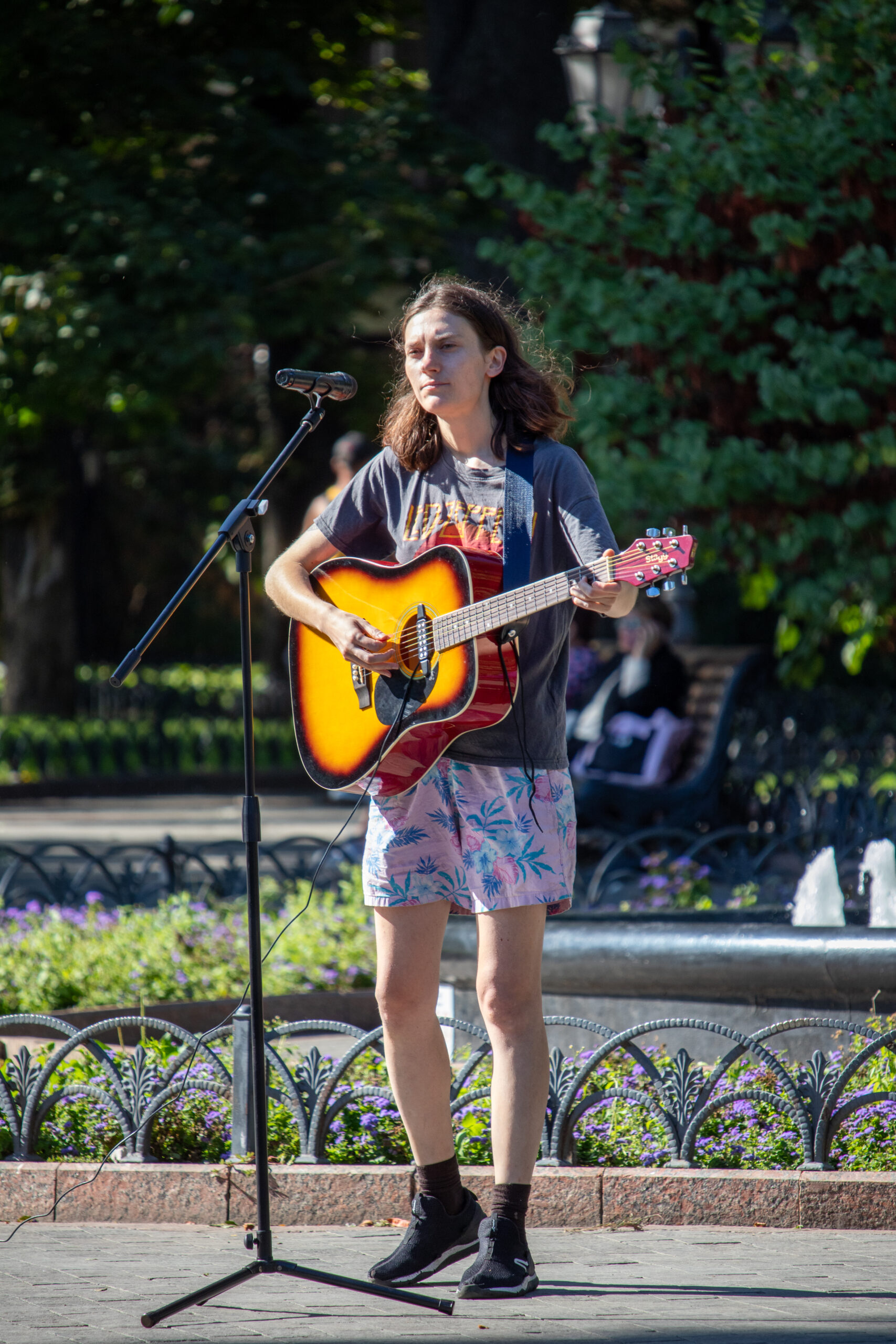 Girl street musician in funny shorts - Ukraine, Odessa, 27.09,2020
