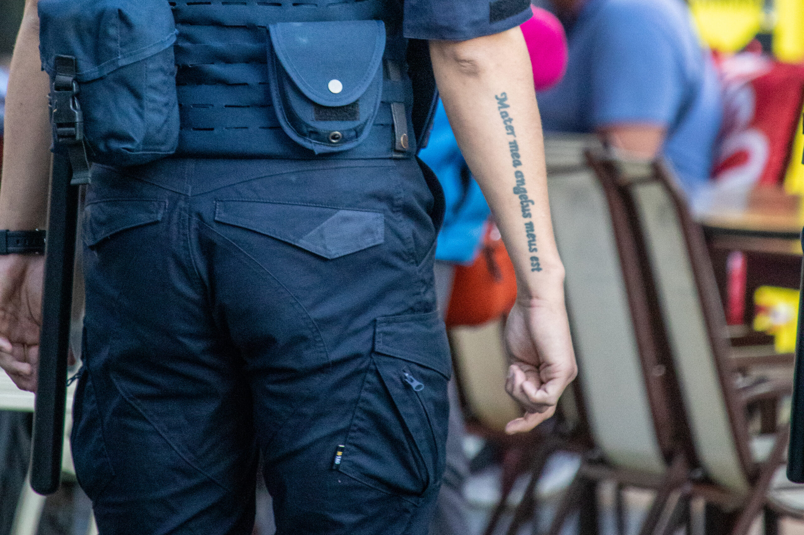 Tattoo inscription on the hand of a policeman - Ukraine, Odessa, 27.09,2020