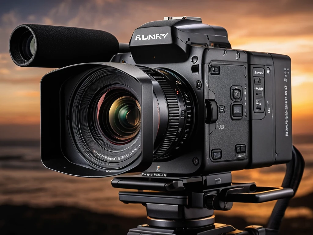 Профессиональная кинокамера установлена на стабилизаторе (гимбале) на фоне заката, демонстрирующая возможности для съемки плавного видео.