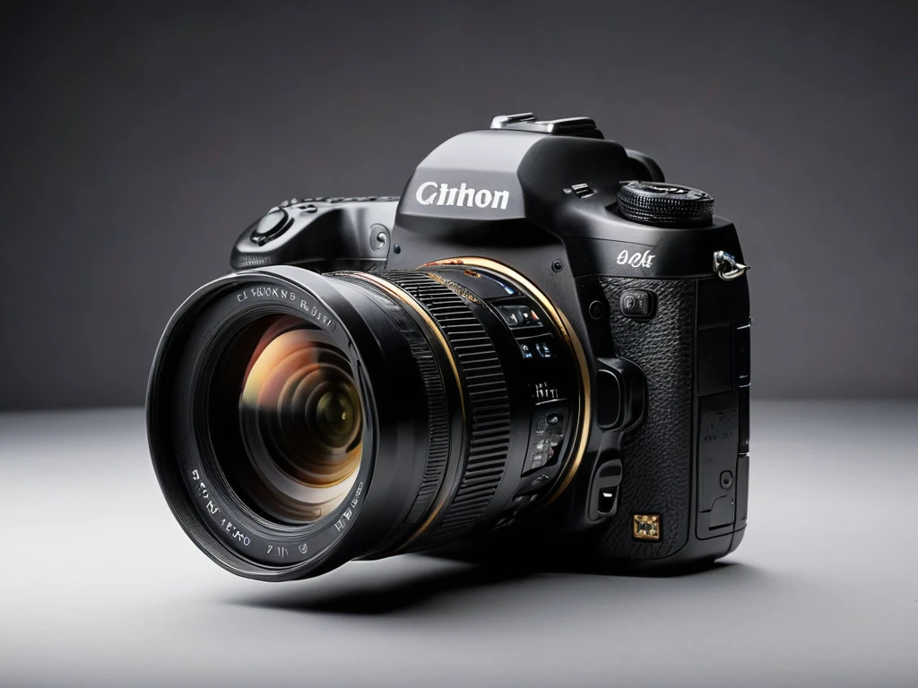 Крупный план современной цифровой зеркальной камеры на сером фоне, демонстрирующий ее дизайн и функциональность.
