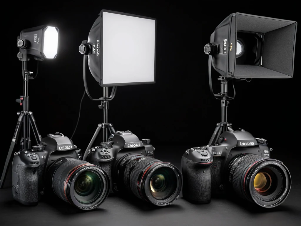 Три вспышки разных типов (голая, с софтбоксом, с насадкой) установлены на штативах перед черным фоном, демонстрируя их различия.