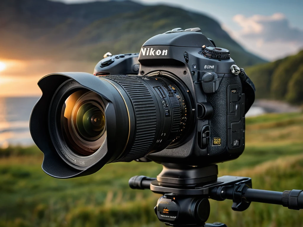 Фотография камеры Nikon на штативе на фоне горного пейзажа на закате. Изображение подчеркивает надежность и профессионализм оборудования.