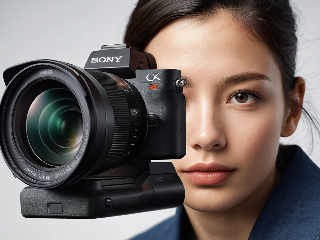 Крупный план лица молодой женщины, держащей камеру Sony прямо перед собой. Фотография подчеркивает инновационный дизайн и компактность камеры.