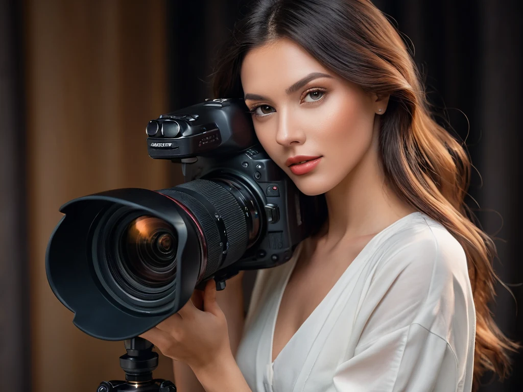 Фотография молодой женщины, держащей камеру перед лицом. Изображение демонстрирует профессиональное оборудование и сосредоточенность на процессе съемки.