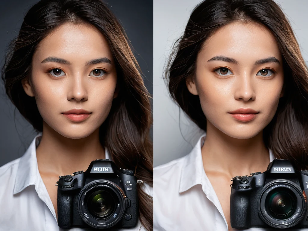 Два портрета молодой женщины, снятых на камеры Sony и Nikon, расположенные рядом для сравнения. Изображение демонстрирует различия в цветопередаче и детализации.