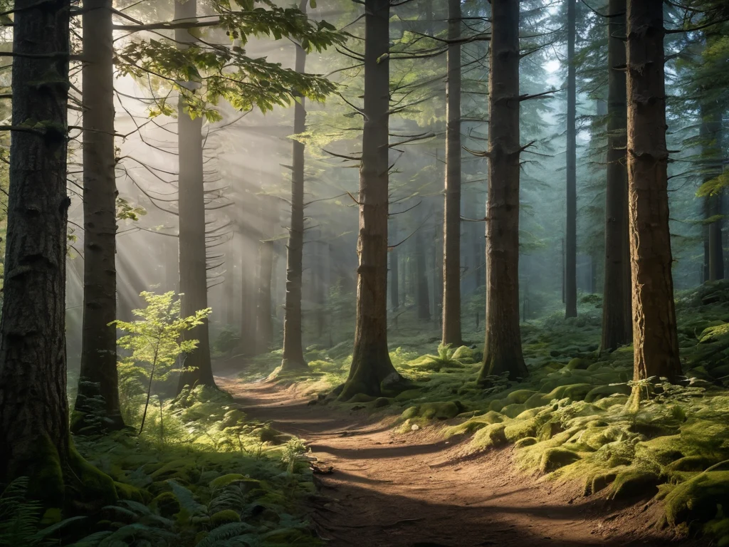 Фотография лесной тропинки, освещенной солнечными лучами, пробивающимися сквозь деревья. Идеально для иллюстрации статей о лесной фотографии и безопасности.