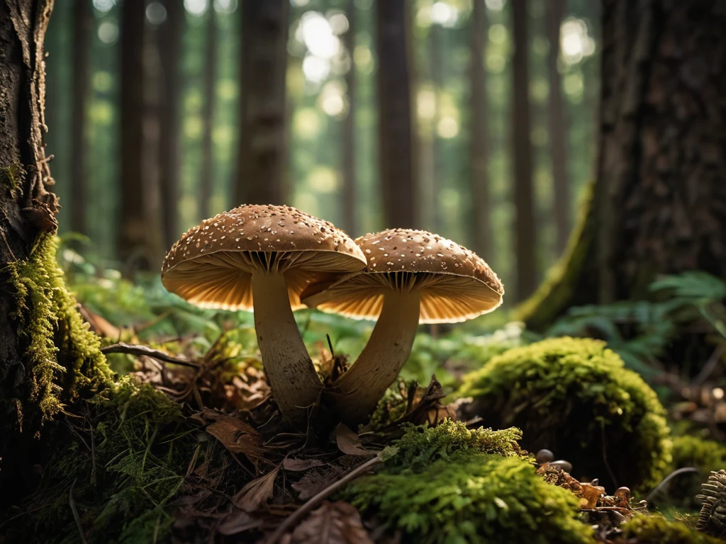 Крупный план двух грибов, растущих на мху в лесу. Идеально подходит для иллюстрации статей о макросъемке и лесной флоре.