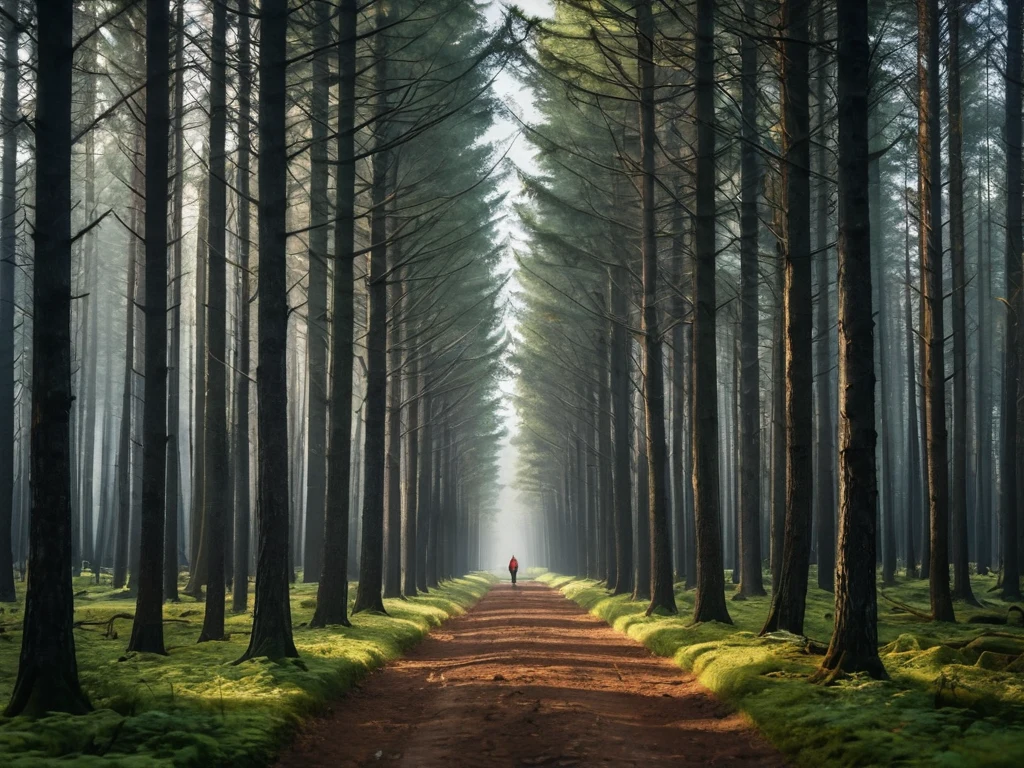 Фотография длинной лесной дороги, уходящей вдаль, с одинокой фигурой человека. Подходит для иллюстрации статей о композиции и создании настроения.