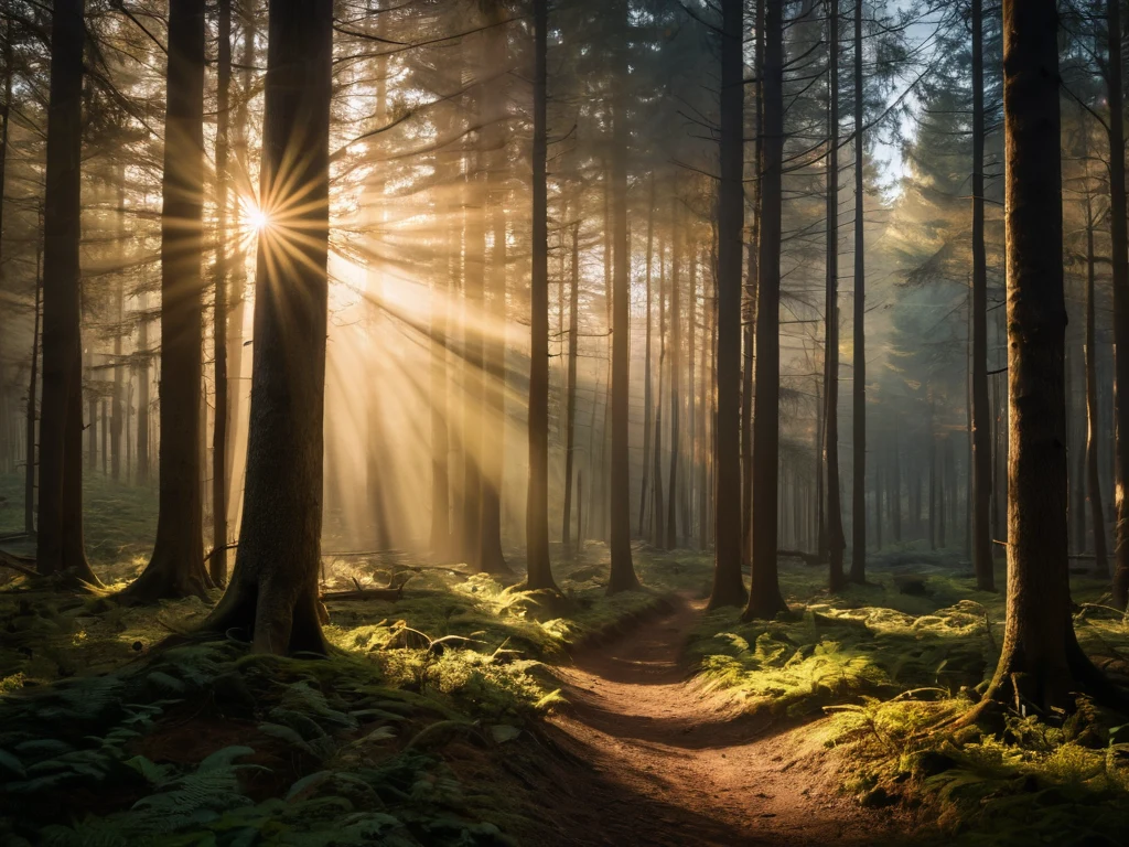 Фотография леса, залитого золотым светом заката. Идеально подходит для иллюстрации статей о лесной фотографии и работе со светом.