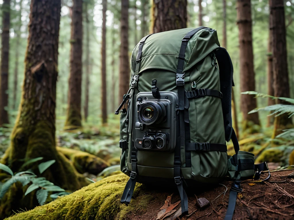 Фотография фоторюкака с камерой, стоящего на поваленном дереве в лесу. Подходит для иллюстрации статей об оборудовании для фотосъемки.