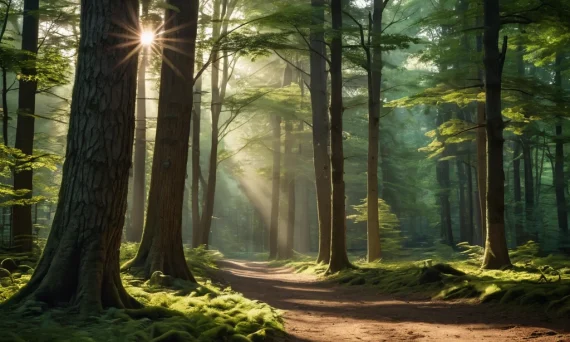 Фотография лесной тропинки, освещенной солнечными лучами, пробивающимися сквозь деревья. Идеально для иллюстрации статей о лесной фотографии.