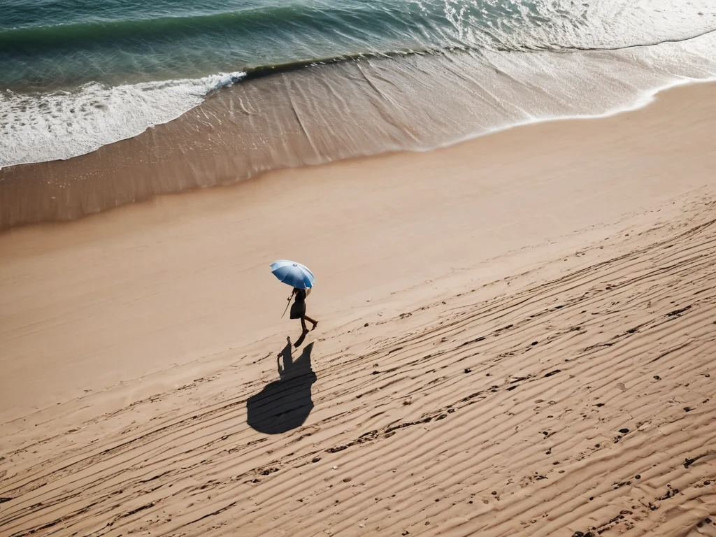 Вид сверху на пляж с одиноким человеком под зонтом. Фотография демонстрирует минималистичную композицию и игру света и тени.
