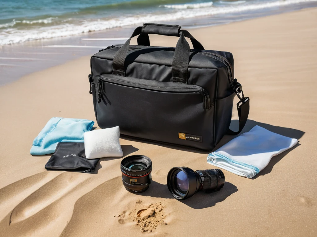 Фотоаппараты и аксессуары для защиты на пляже. Фотография демонстрирует важность защиты оборудования от песка и воды.