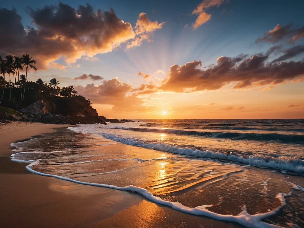 Завораживающий пейзаж с закатом над океаном. Фотография демонстрирует яркие цвета и динамичные облака.