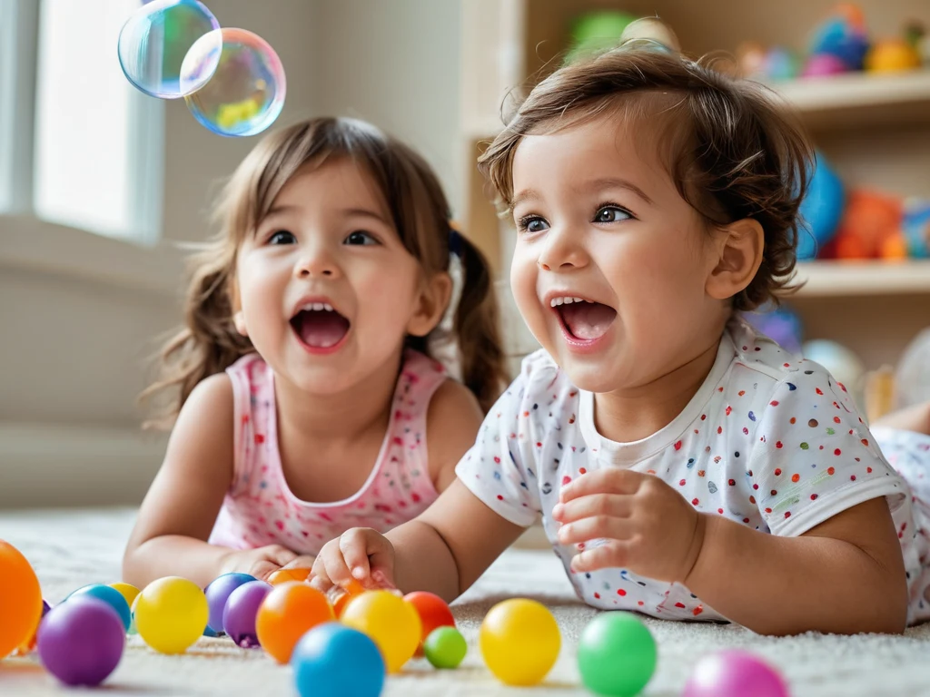 Два маленьких ребенка смеются и играют с пузырями, демонстрируя радость и беззаботность.