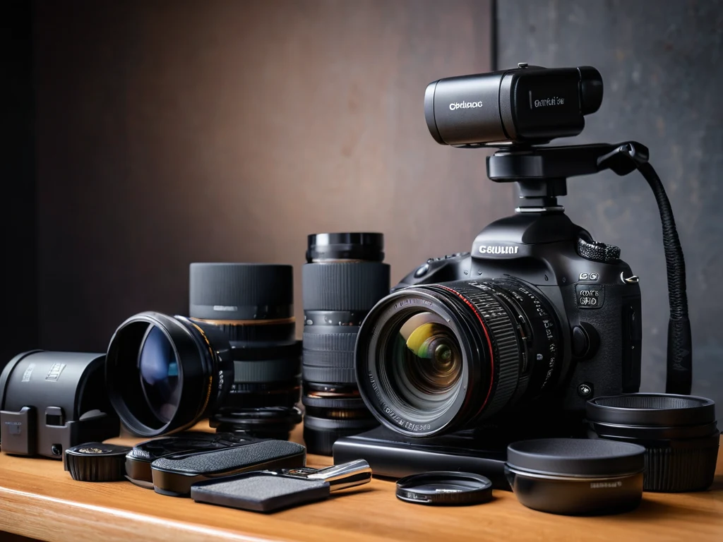 Фотография камеры с внешним микрофоном, объективами и фильтрами, демонстрирующая широкий набор аксессуаров для фотосъемки.
