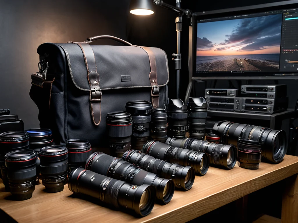 Фотография черной сумки для камеры, окруженной множеством объективов, на фоне экрана с изображением пейзажа.