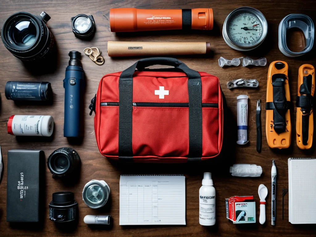 Фотография набора аксессуаров для фотографа, включая аптечку, фонарик, компас и другие полезные предметы.