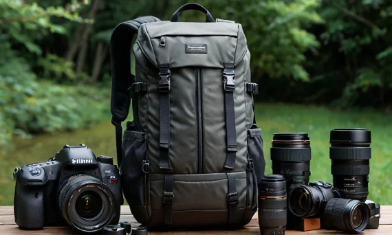 Фотография черного рюкзака для фотографа с камерой и объективами на фоне зеленой листвы, демонстрирующая готовность к съемке.