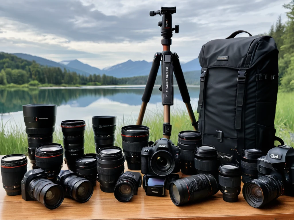 Набор фотооборудования, включая камеры, объективы, штатив и сумку. Иллюстрация для статьи об оборудовании для начинающих фотографов.