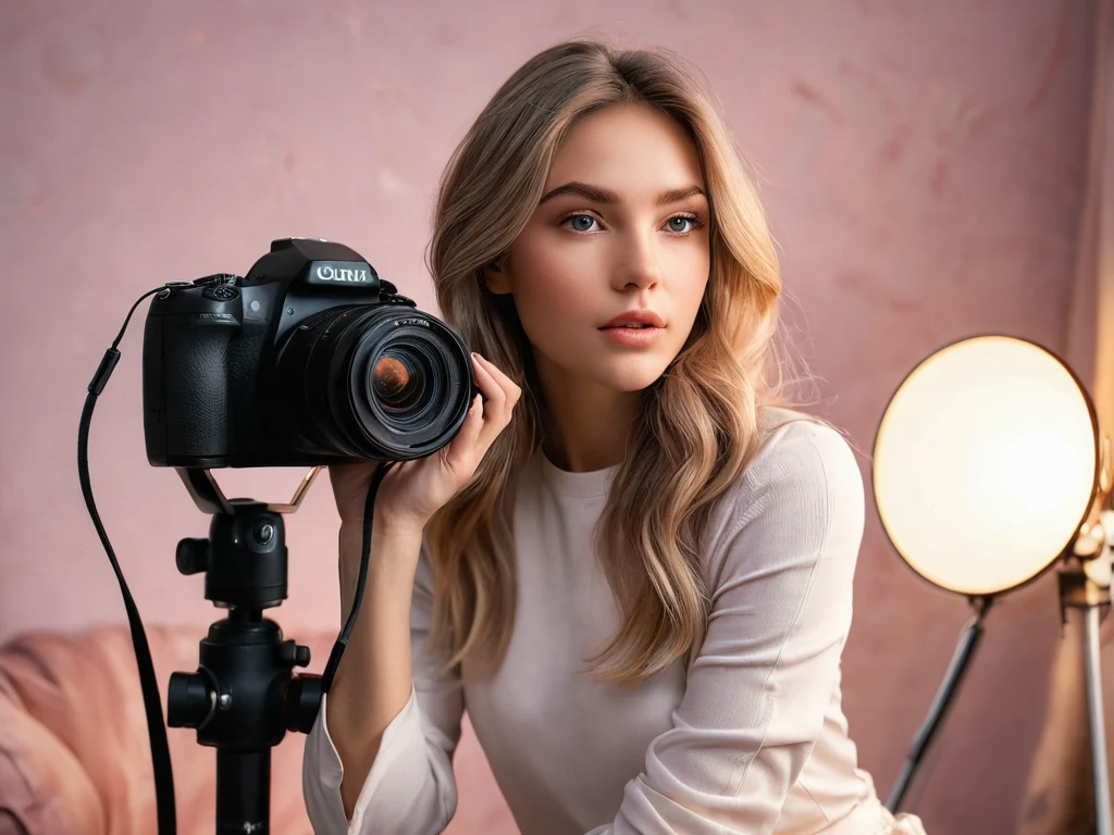 Молодая женщина с камерой, демонстрирующая интерес к фотографии. Иллюстрация для статьи о выборе жанра фотографии.