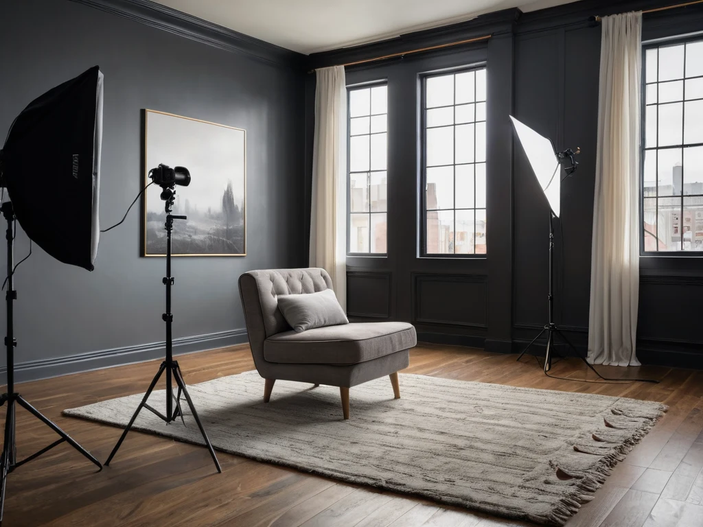 Интерьер фотостудии с профессиональным осветительным оборудованием, креслом и картиной на стене, демонстрирующий подготовку к съемке.