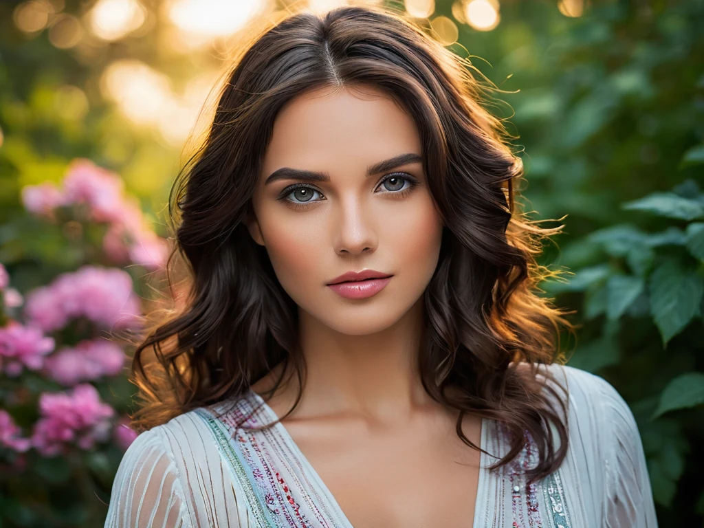 Красивая женщина, окруженная цветущими ветками, демонстрирующая портретную съемку на природе с использованием естественного света.