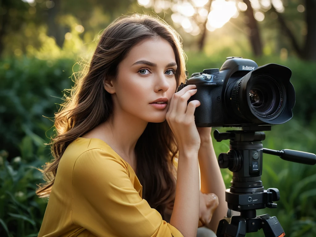 Молодая женщина-фотограф, снимающая на камеру на штативе в лесу, демонстрирующая профессиональный подход к съемке.