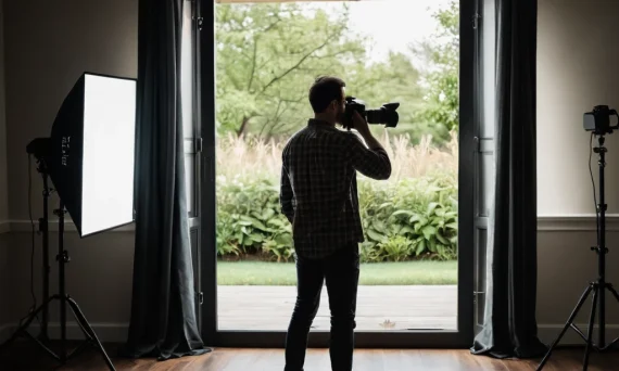 Фотография фотографа, снимающего через открытое окно с использованием студийного освещения, иллюстрирующая основы экспозиции.