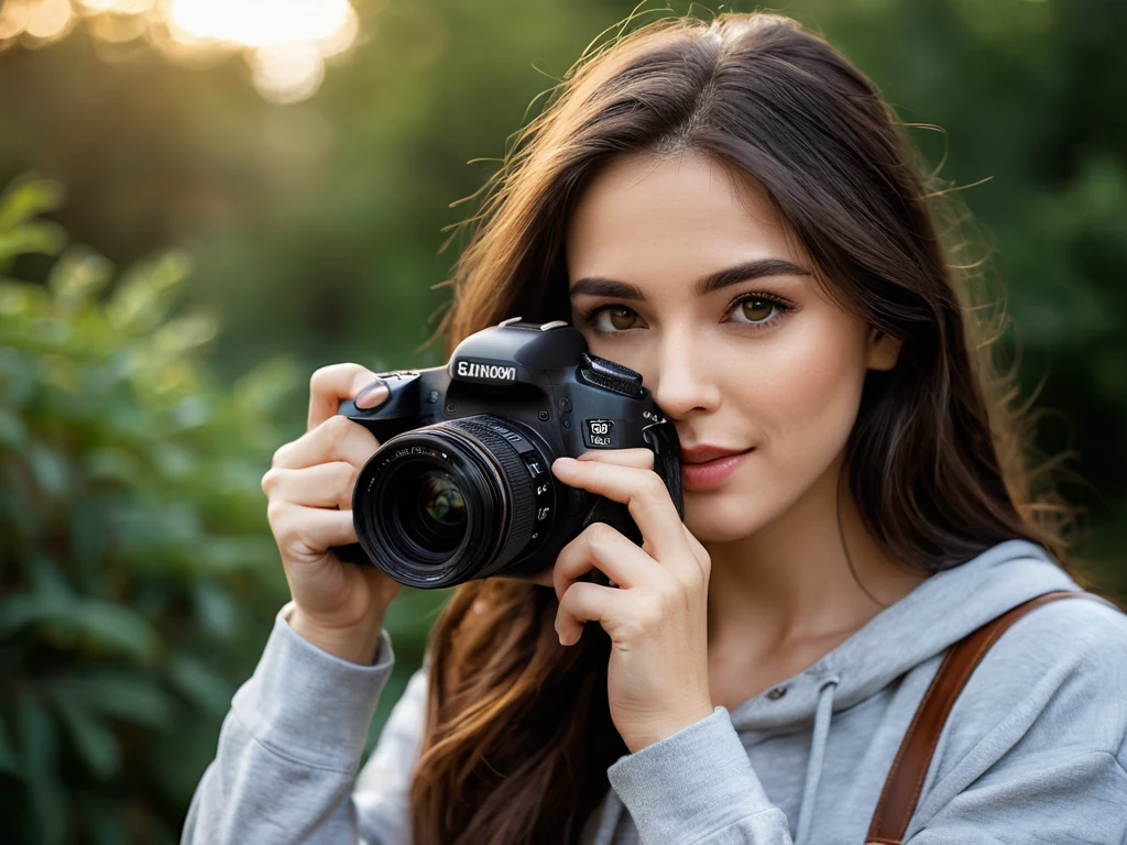 Девушка-фотограф держит камеру в руках, демонстрируя страсть к фотографии и готовность к творчеству.
