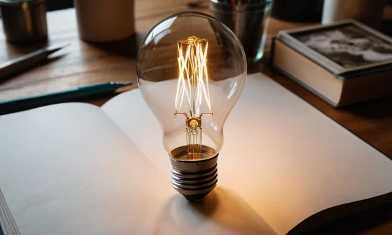 Фотография лампочки накаливания на открытой книге, символизирующая вдохновение и творческий процесс. Идеально для статей о поиске тем для фотопроектов.