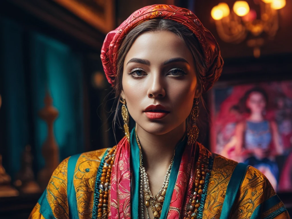 Портрет молодой женщины в восточном стиле, с ярким макияжем и украшениями. Подходит для иллюстрации статей о необычных темах для фотопроектов.