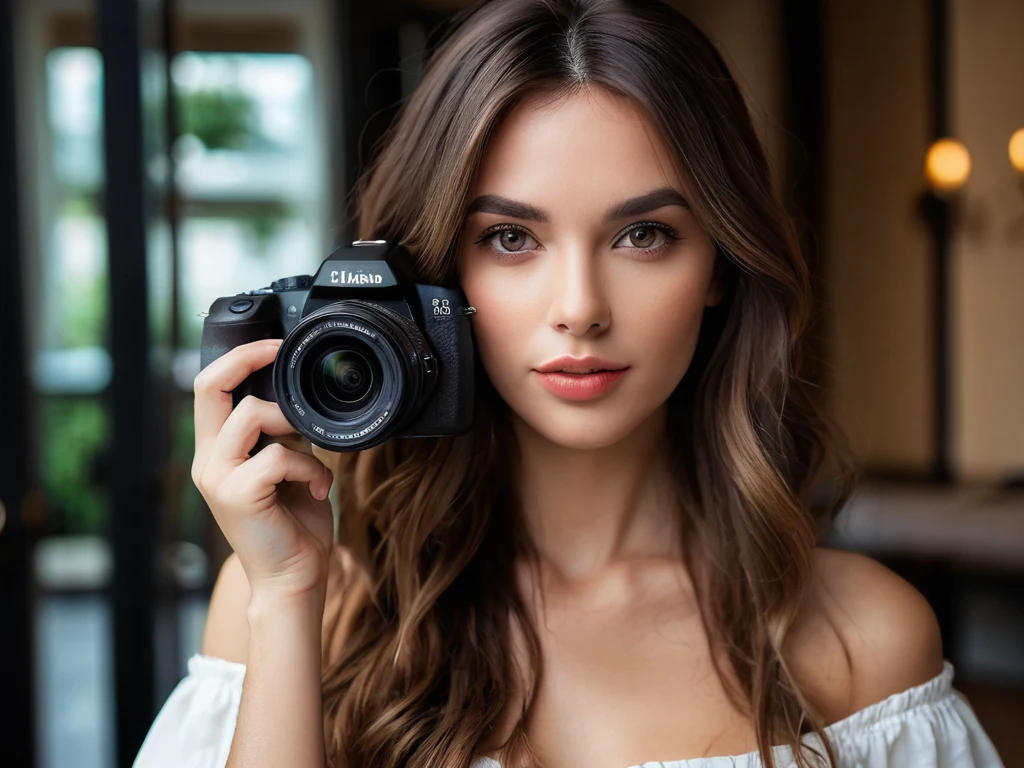 Портрет молодой женщины, держащей камеру. Иллюстрация для статьи о настройках камеры для начинающих.