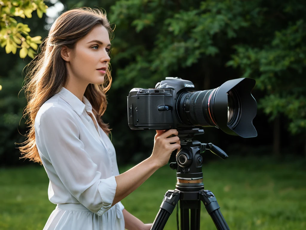 Молодая женщина с камерой на штативе на фоне зеленой листвы. Иллюстрация для статьи о практике в фотографии.