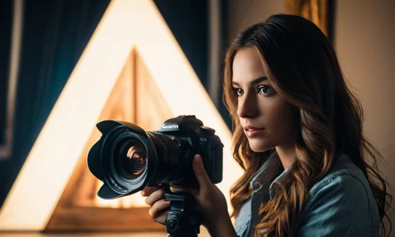 Портрет молодой женщины с камерой на фоне геометрического узора. Иллюстрация для статьи о первых шагах в фотографии.