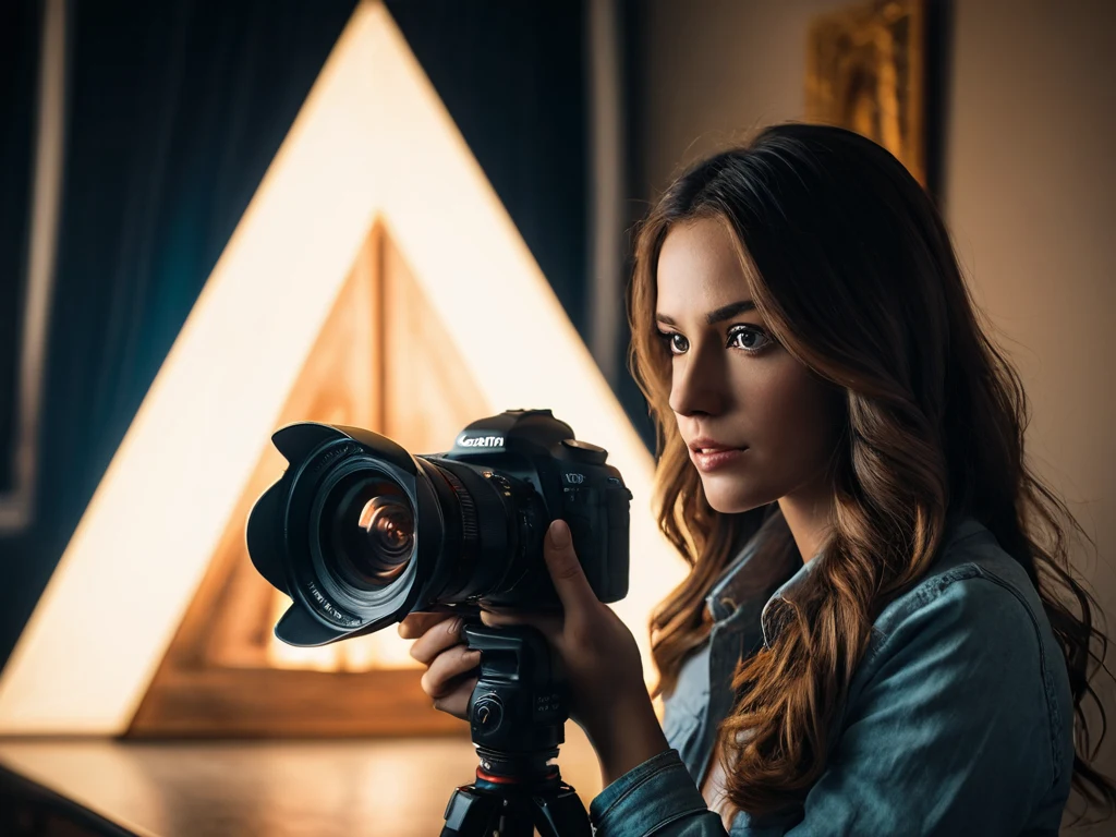 Портрет молодой женщины с камерой на фоне геометрического узора. Иллюстрация для статьи о первых шагах в фотографии.