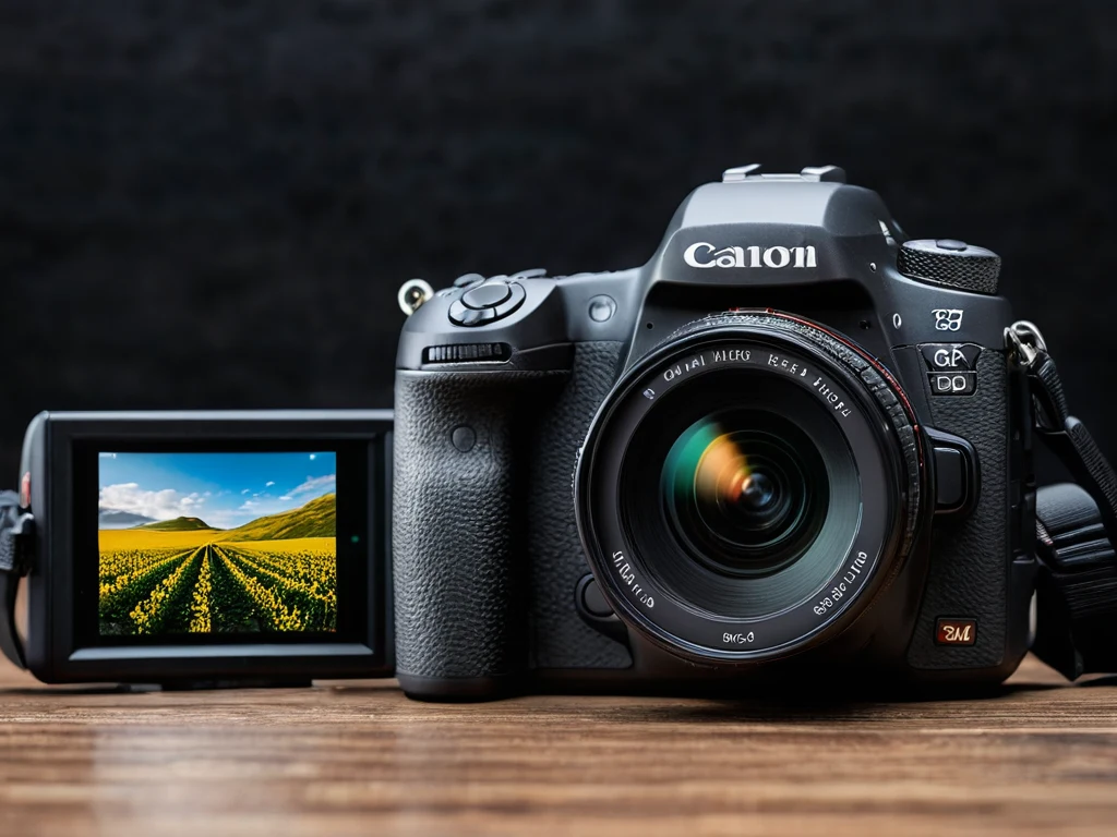 Современная зеркальная камера Canon с подключенным монитором, демонстрирующим пейзаж. Изображение для статьи о выборе камеры.