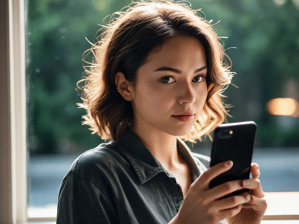 Портрет молодой женщины, смотрящей в смартфон, демонстрирует повседневную жизнь и важность технологий в современном мире.
